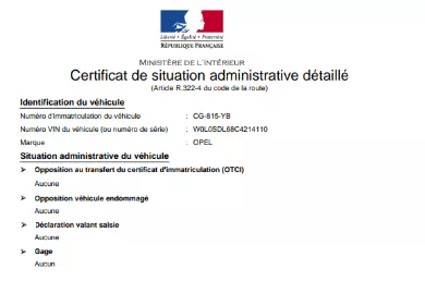 Certificat de non-gage ou papier pour faire une carte grise