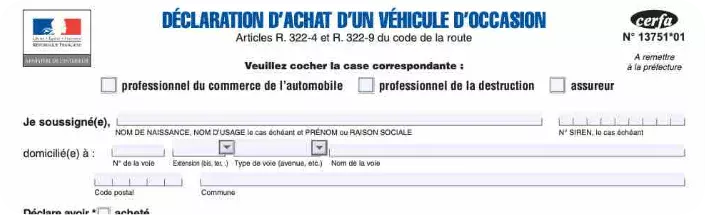 Formulaire officiel carte grise document pour déclaration d'achat