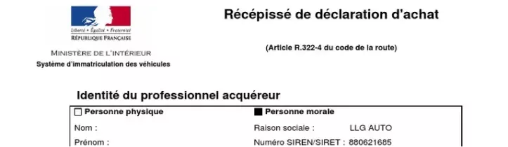 Confirmation et document pour carte grise du professionnel